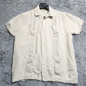 Cubavera Guayabera Shirt Mens Large Tan Linen Blend 4 Pocket Mexican Camp Resort